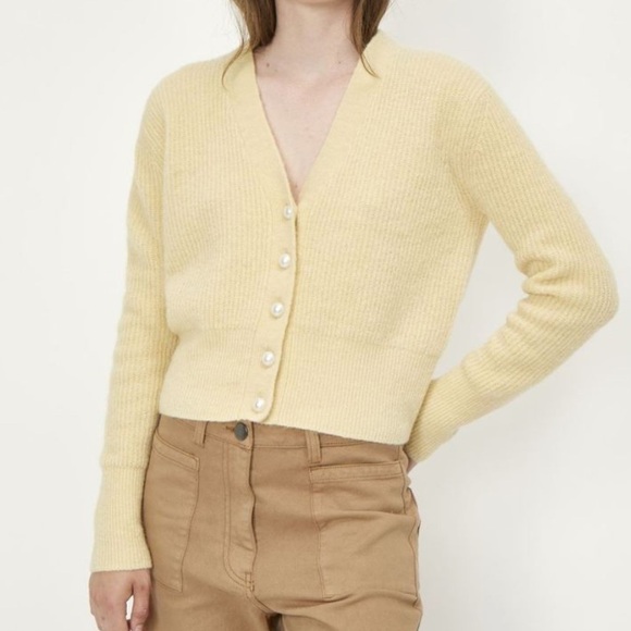 Just Female Light Yellow Rebelo Wool Alpaca Pearl V Neck Cardigan Sweater Large - Picture 1 of 10